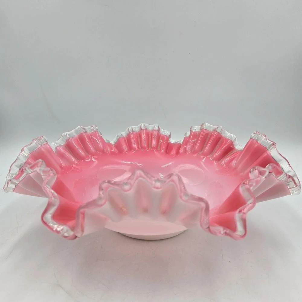 VTG Fenton Peach Crest Pink Cased Milk Glass Ruffled Brides Bowl Clear Edge A+